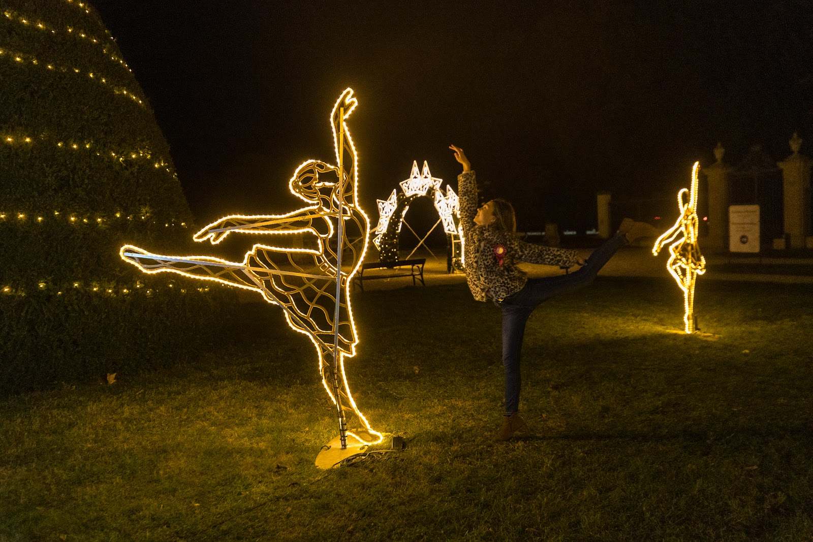Tänzerinnenfiguren aus Licht und ein Pferd auf dunklem Rasen